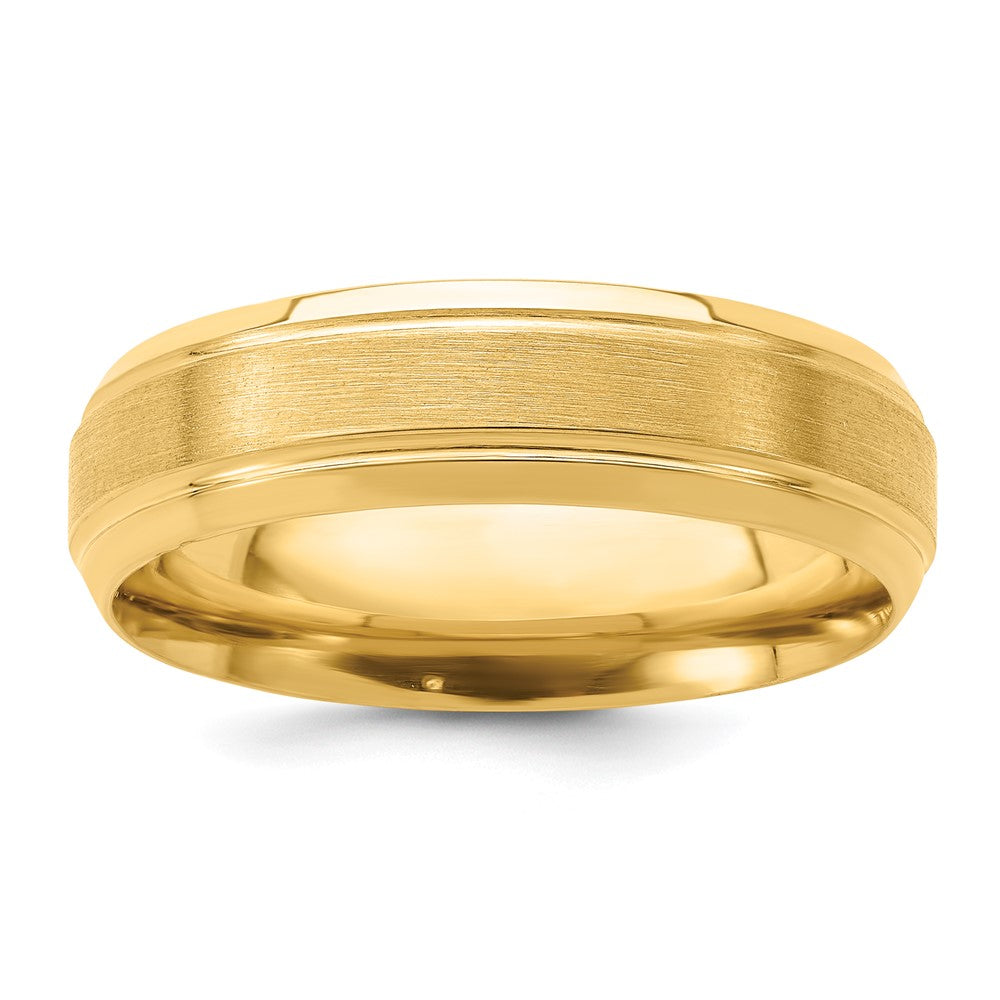 14K Yellow Gold 6mm Standard Weight Comfort Fit Brushed Satin/Polished Line Edge Wedding Band Ring