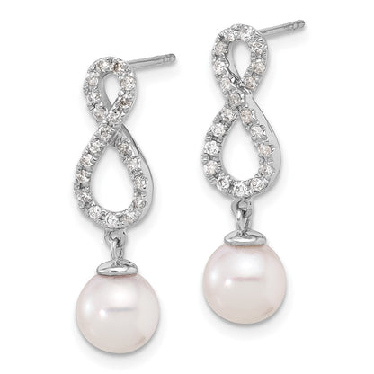 14K White Gold 7-8mm White Round Akoya Saltwater Cultured Pearl and .40 Carat Diamond Infinity Post Dangle Earrings