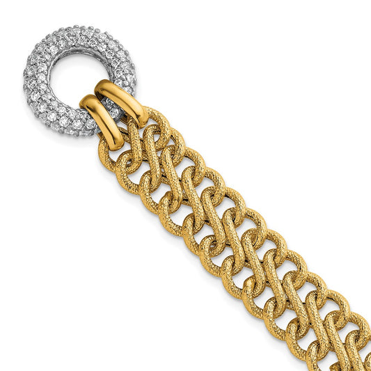 14K Yellow Gold with Rhodium 12.25mm Textured Fancy Chain with CZ Toggle 7.5 Inch Bracelet