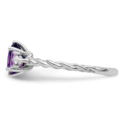14K White Gold Diamond and 7x5 Oval February/Amethyst Size 7 Twisted Ring