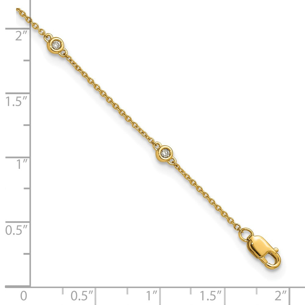 14K Yellow Gold Complete 1/8 carat Bezel-set Diamond and Cable Chain 7-Station 9 Inch Anklet