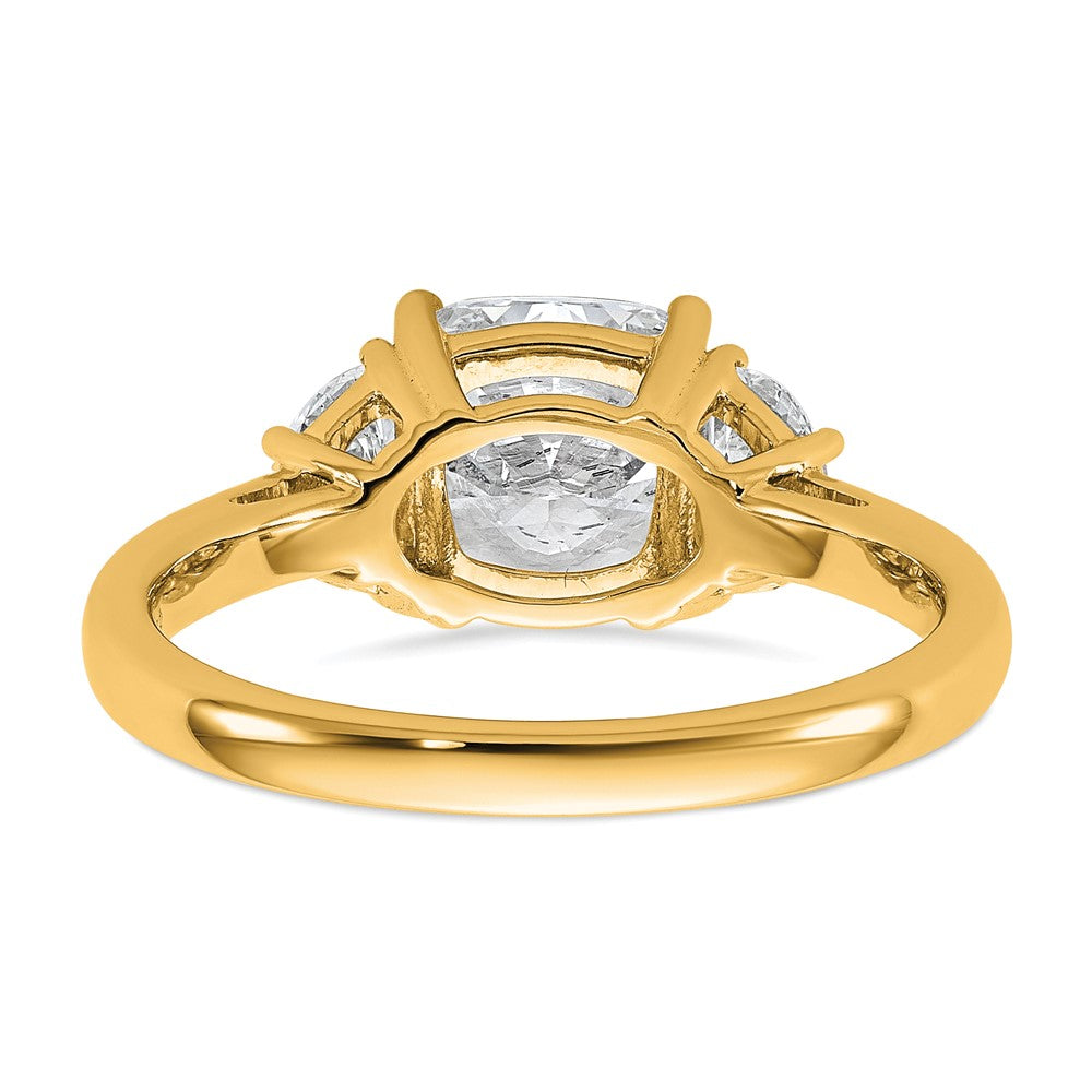 14K Yellow Gold 1/2 carat Lab Grown Diamond VS+ F+ Half Moon and 2 carat Cushion Center Semi Mount Three Stone Engagement Ring