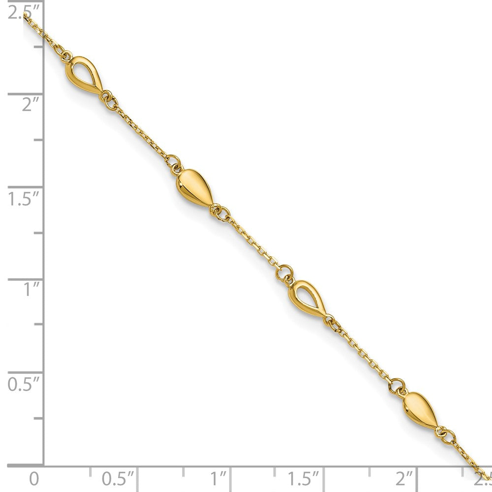 14K Yellow Gold Polished Teardrop 9 Inch Plus 1 Inch Extender - Total 10 Inch Anklet