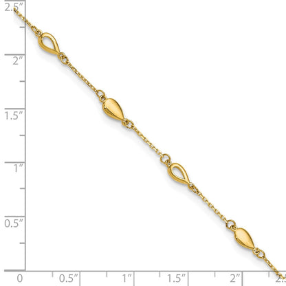 14K Yellow Gold Polished Teardrop 9 Inch Plus 1 Inch Extender - Total 10 Inch Anklet