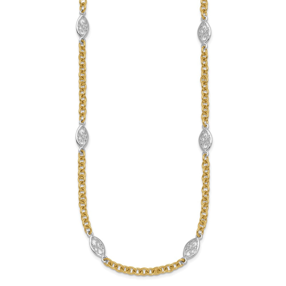 14K Two-Tone Gold Two-tone Polished 6.5mm Fancy Cable Chain and Filigree Oval 18 Inch Necklace