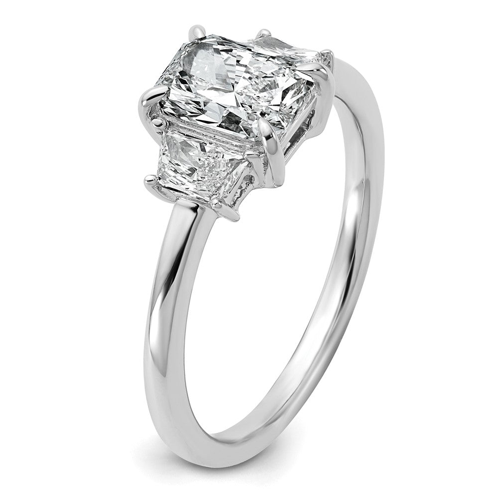 14K White Gold 1 3/8 carat Lab Grown Diamond VS+ F+ Radiant and Trapezoid Complete Three Stone Engagement Ring