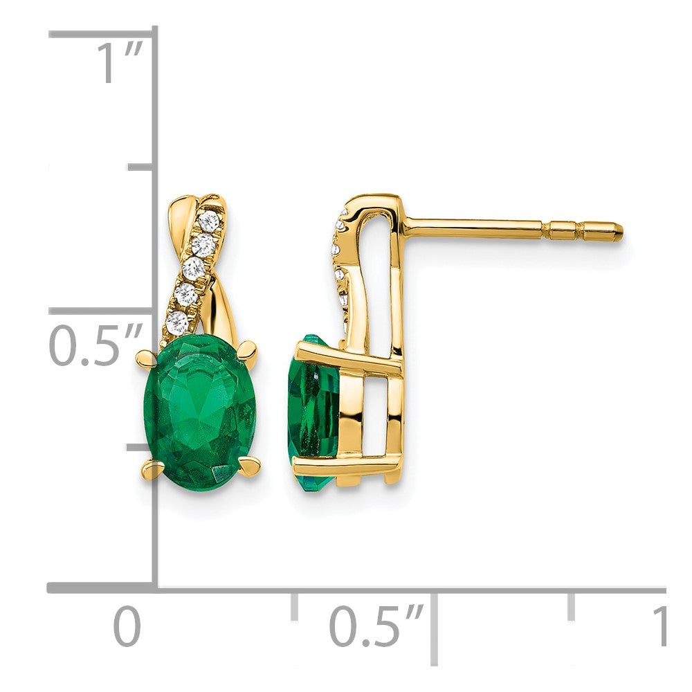 14K Yellow Gold 7x5 Oval May/Lab Created Emerald and Diamond Post Earrings