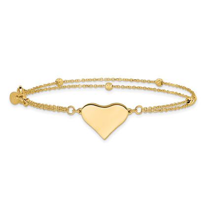 14K Yellow Gold Polished 11x18mm Heart and Diamond-cut Beaded 2-Strand 7.5 Inch Bracelet