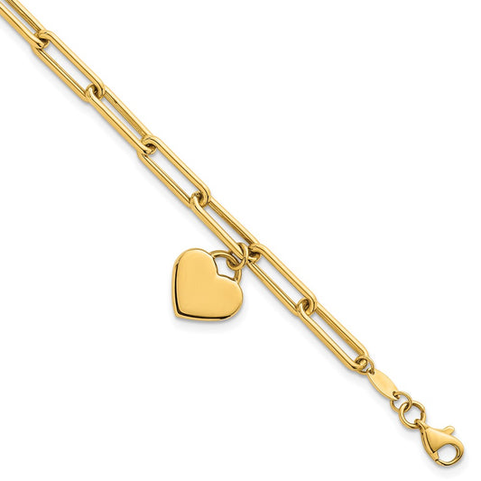 14K Yellow Gold Polished Flat Dangle 11mm Heart Paperclip Link 7.5 Inch Bracelet