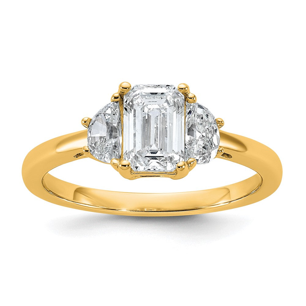 14K Yellow Gold 3/8 carat Lab Grown Diamond VS/SI+ G+ Semi Mount Emerald and Half Moon Three Stone Engagement Ring