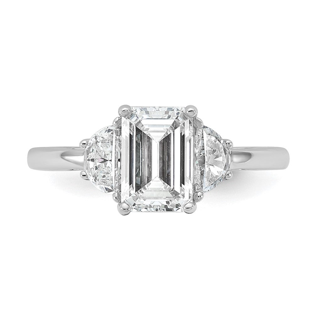 14K White Gold 1/2 carat Lab Grown Diamond VS/SI+ G+ Semi Mount Emerald and Half Moon Three Stone Engagement Ring