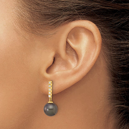 14K Yellow Gold 9-10mm Black Round Tahitian Saltwater Cultured Pearl and .20 Carat Diamond Post Dangle Earrings