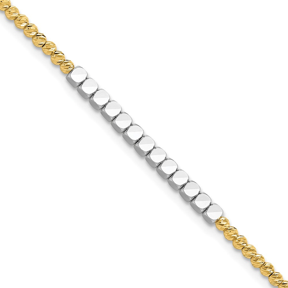 14K Two-Tone Gold Two-tone Diamond-cut Square and Round Beaded 7.5 Inch Bracelet