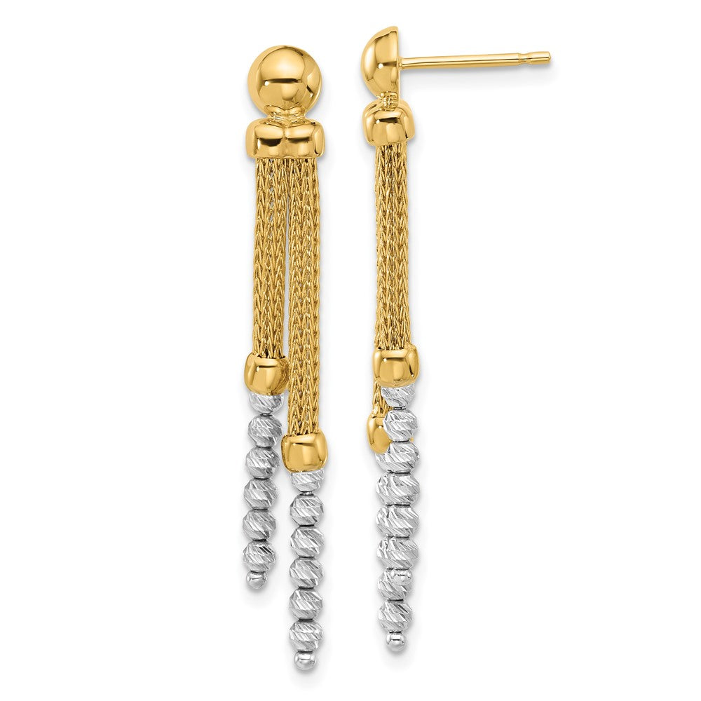 14K Two-Tone Gold Two-tone Polished and Diamond-cut Beads and Mesh Chain Dangle Post Earrings