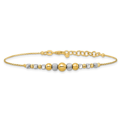 14K Two-Tone Gold Polished Diamond-cut Round and Square Beaded 7 Inch Bracelet with 1 Inch Extension