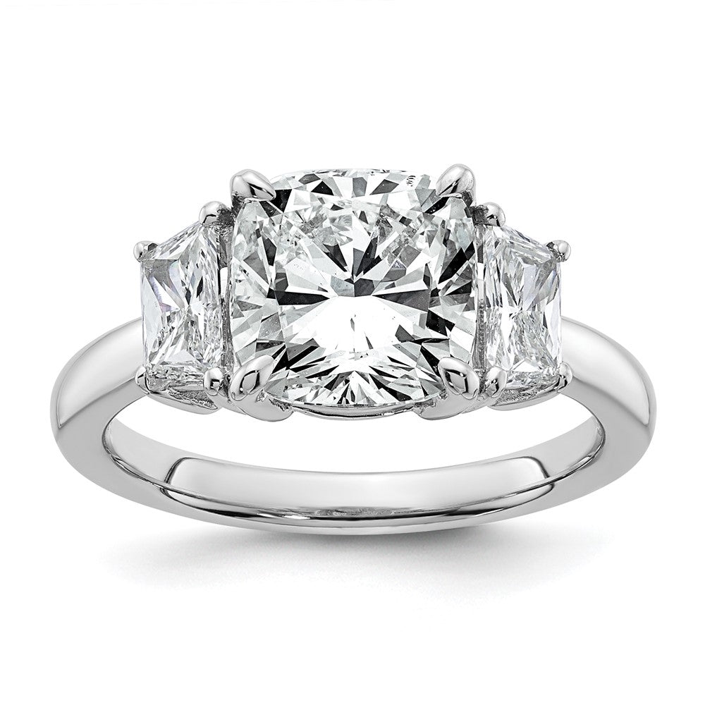 14K White Gold 3 3/4 carat Lab Grown Diamond VS+ F+ Cushion and Half Moon Complete Three Stone Engagement Ring