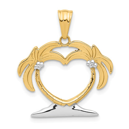 14K Yellow Gold with Rhodium Palm Tree Heart Pendant