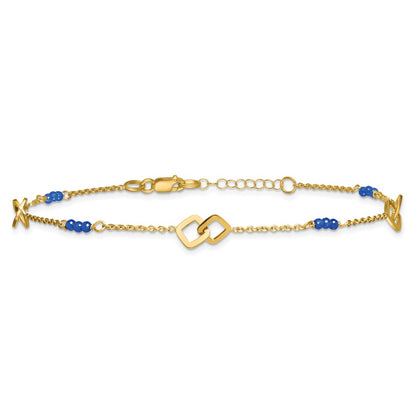 14K Yellow Gold Polished Blue Spinel Beads and Squares 9 Inch Plus 1 Inch Extender - Total 10 Inch Anklet