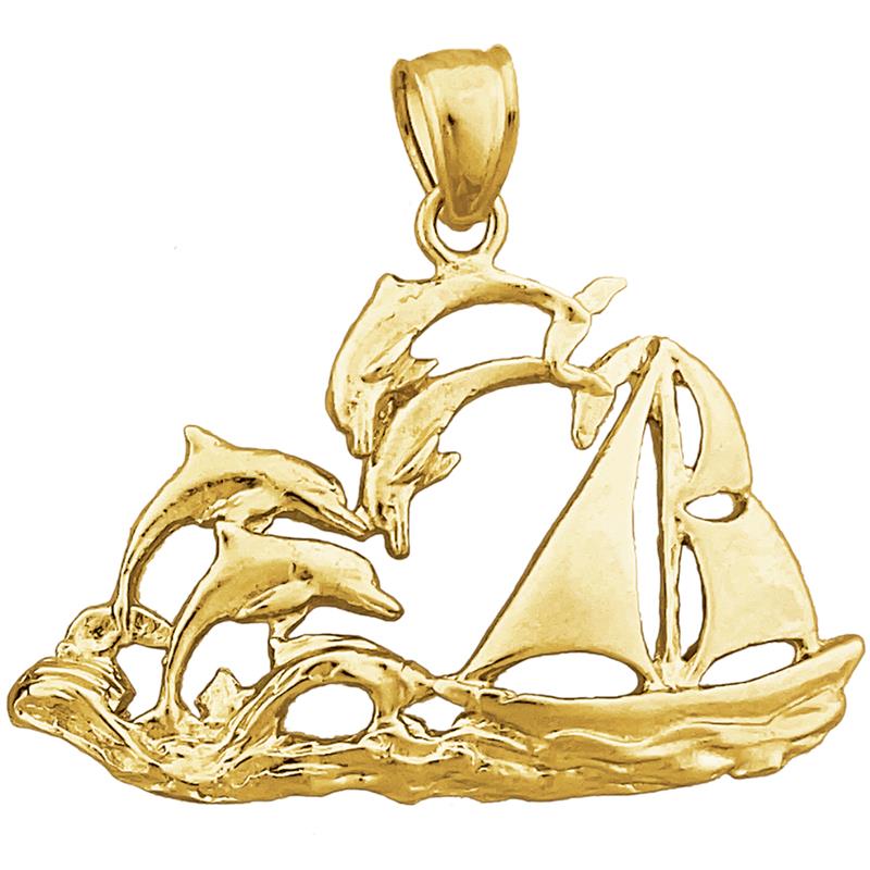 14K Gold Sailboat and Dolphins Pendant