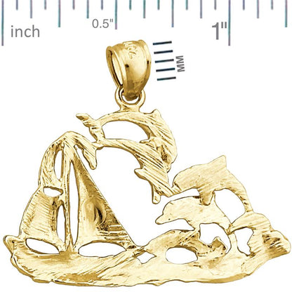 14K Gold Sailboat and Dolphins Pendant