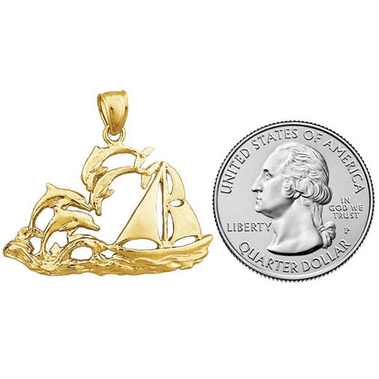 14K Gold Sailboat and Dolphins Pendant