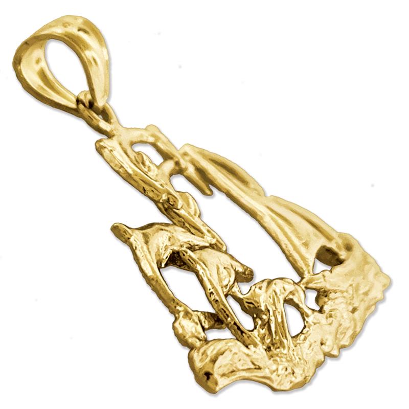 14K Gold Sailboat and Dolphins Pendant