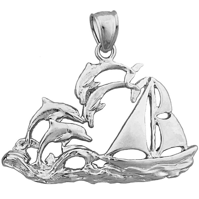 14K Gold Sailboat and Dolphins Pendant