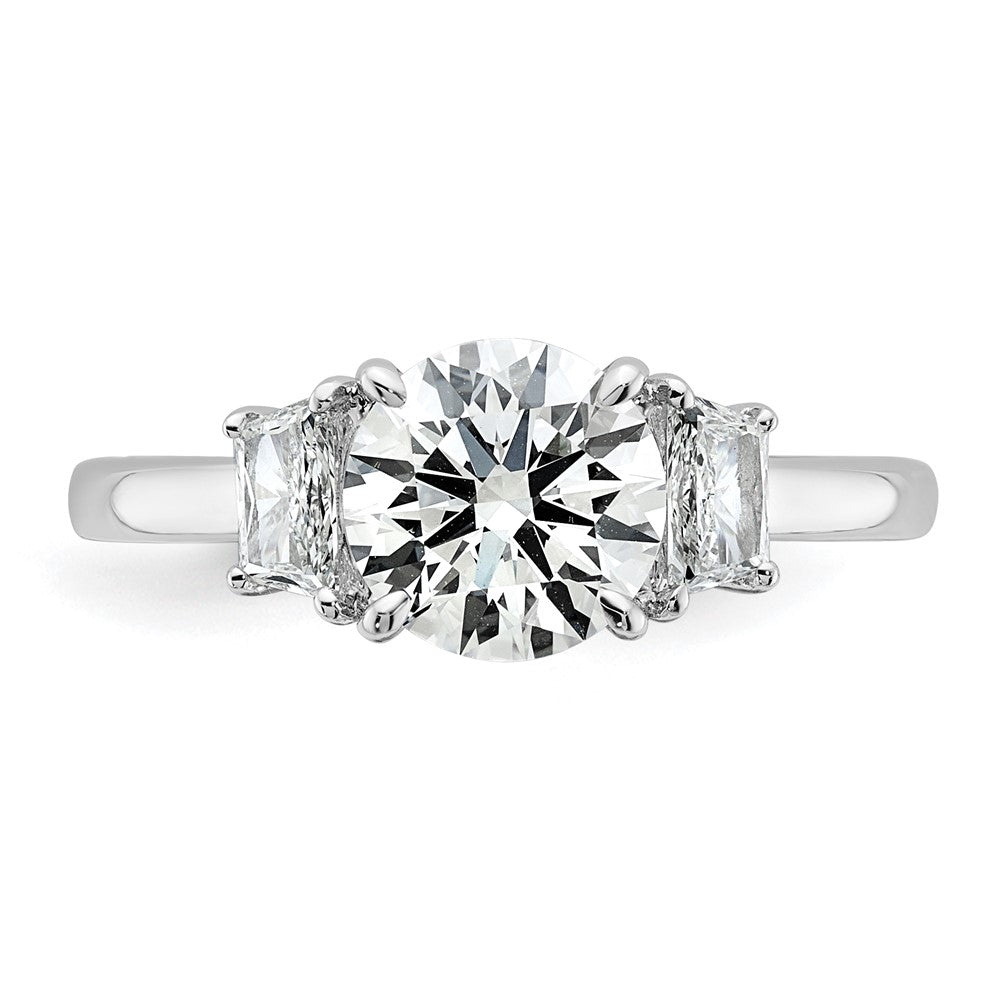 14K White Gold 1 7/8 carat Lab Grown Diamond VS+ F+ Round with Trapezoid Sidestones Complete Engagement Ring