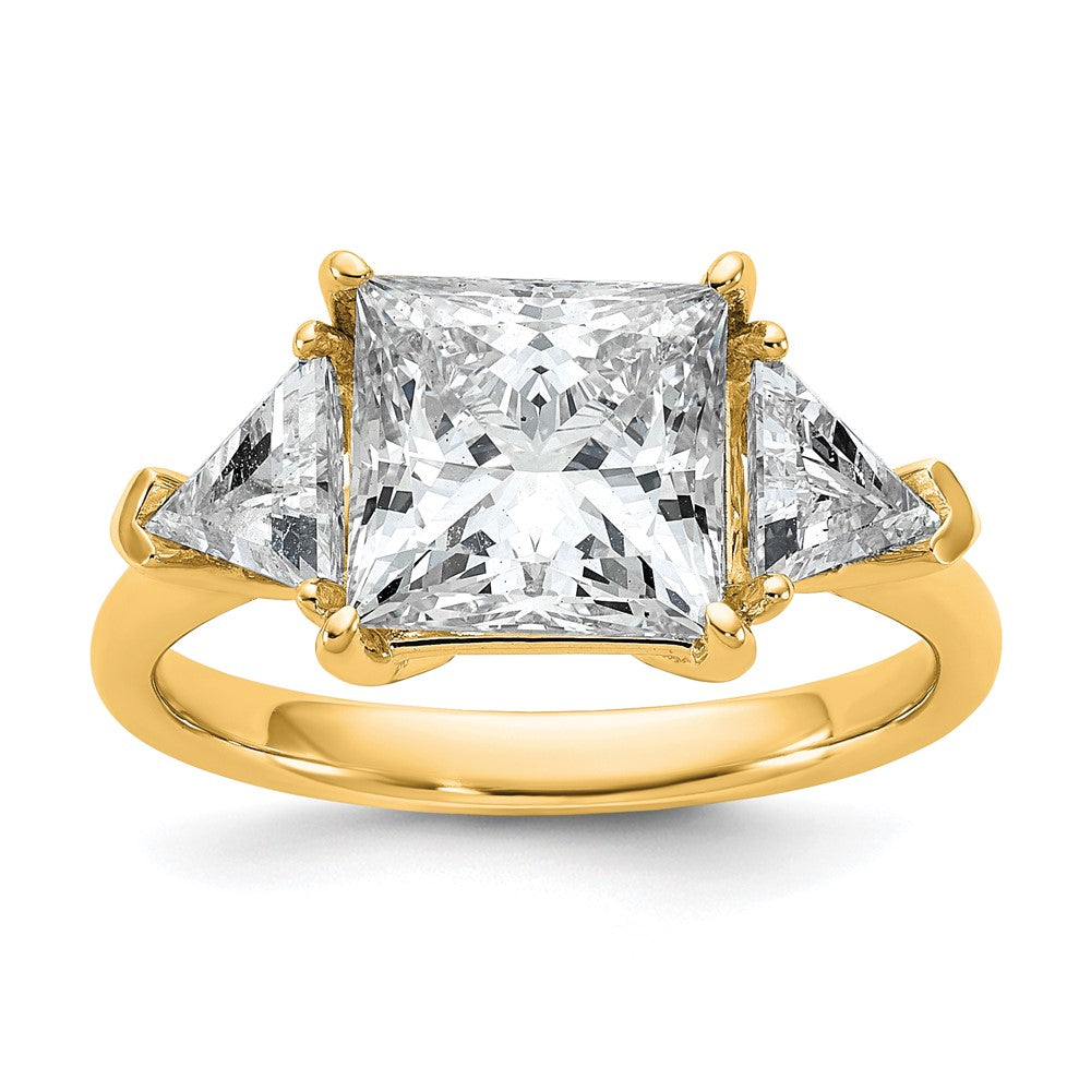 14K Yellow Gold 1 1/8 carat Lab Grown Diamond VS+ F+ Trillion and 3 carat Princess Center Semi Mount Three Stone Engagement Ring