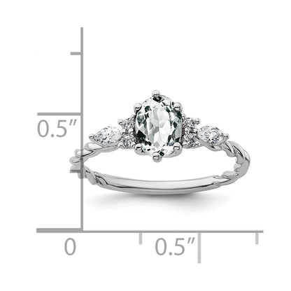 14K White Gold Diamond and 7x5 Oval April/White Topaz Size 7 Twisted Ring