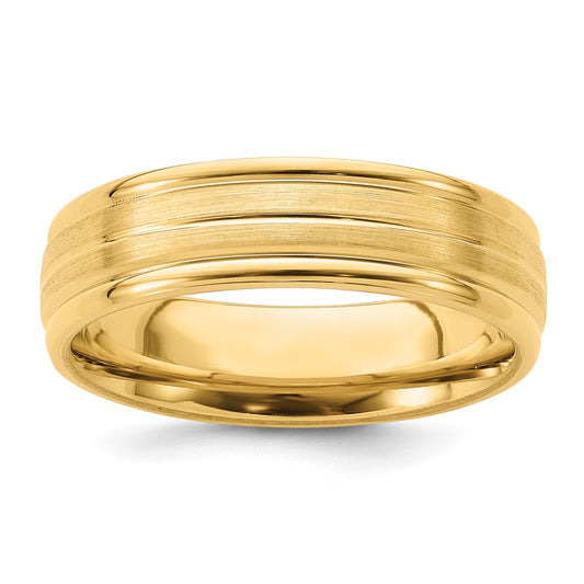 14K Yellow Gold 6mm Standard Weight Comfort Fit Brushed Satin with Center Line Fancy Wedding Band Ring