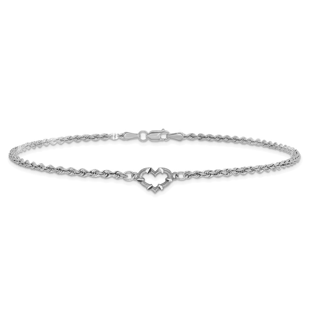 14K White Gold Diamond-cut Open Heart and Rope Chain 9 Inch Anklet