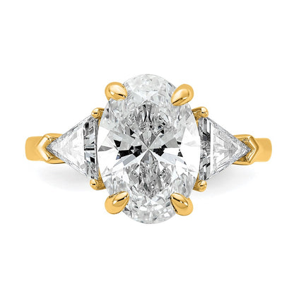 14K Yellow Gold 1 1/8 carat Lab Grown Diamond VS+ F+ Trillion and 3 carat Oval Center Semi Mount Three Stone Engagement Ring
