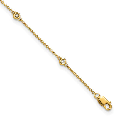14K Yellow Gold Complete 1/8 carat Bezel-set Diamond and Cable Chain 7-Station 9 Inch Anklet