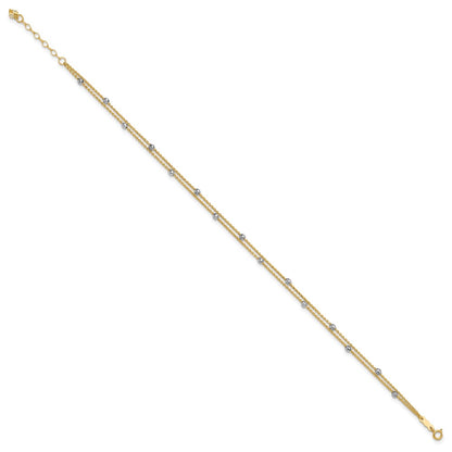 14K Two-Tone Gold Two-tone 2-Strand Chain with Mirror Beads 9 Inch Plus 1 Inch Extender - Total 10 Inch Anklet