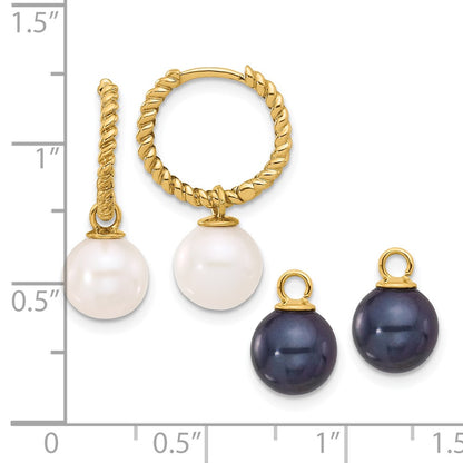 14K Yellow Gold 7-8mm Black and Freshwater Cultured Pearl Removable Dangle Hoop Earrings