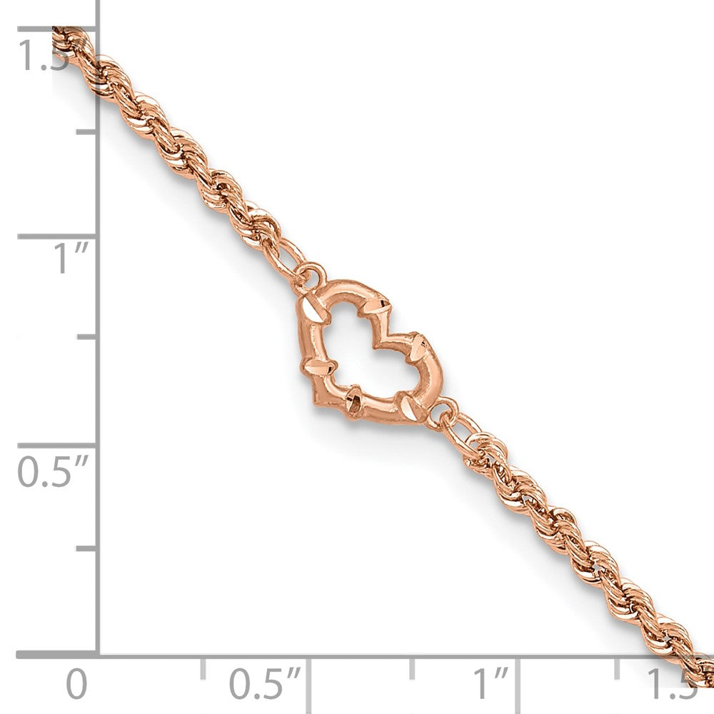 14K Rose Gold Diamond-cut Open Heart and Rope Chain 10 Inch Anklet