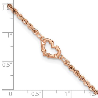 14K Rose Gold Diamond-cut Open Heart and Rope Chain 10 Inch Anklet