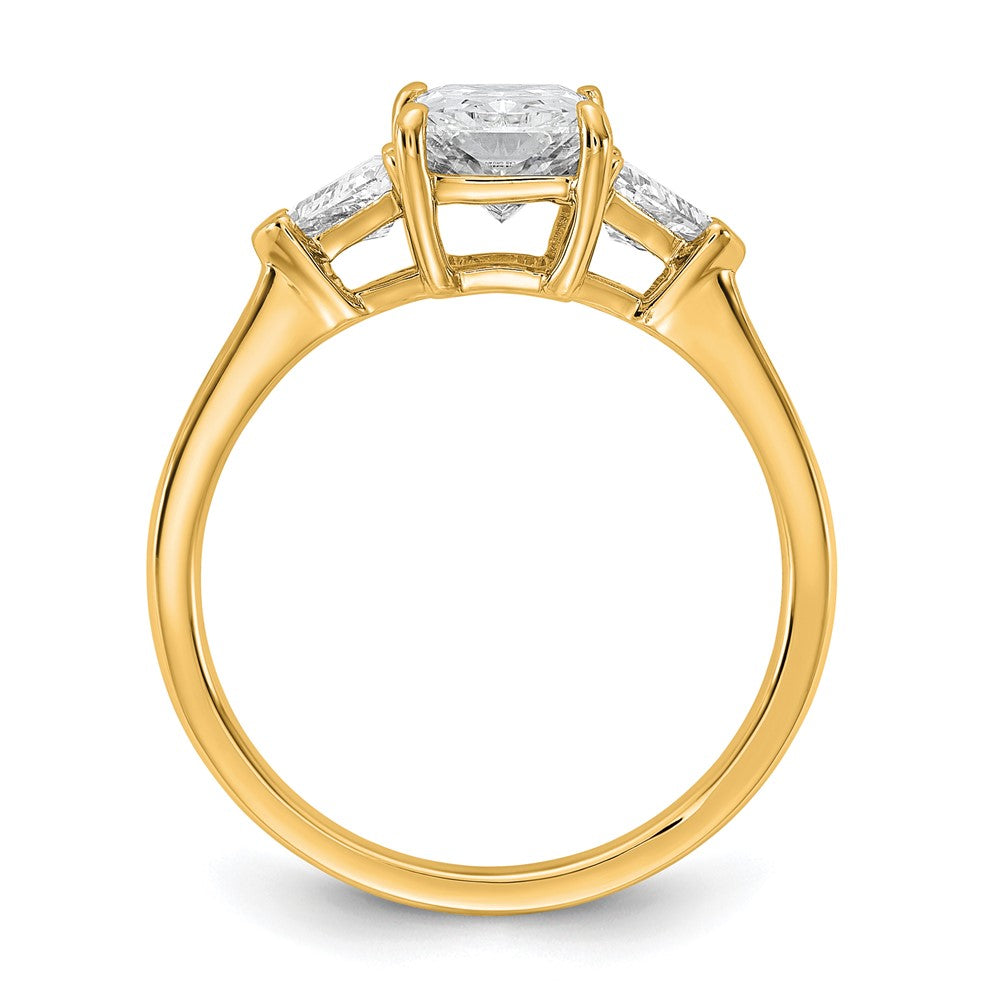 14K Yellow Gold 1/2 carat Lab Grown Diamond VS+ F+ Triangle 1 1/2 carat Radiant Center Semi Mount Three Stone Engagement Ring
