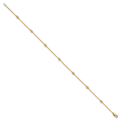 14K Yellow Gold Complete 1/6 carat Bezel-set Diamond and Cable Chain 7-Station 9 Inch Anklet