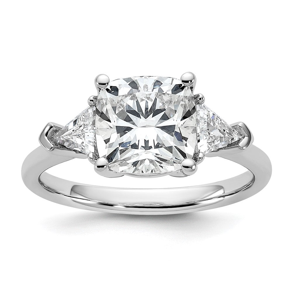 14K White Gold 3 1/8 carat Certified Lab Grown Diamond VS+ F+ Cushion and Triangle Complete Three Stone Engagement Ring