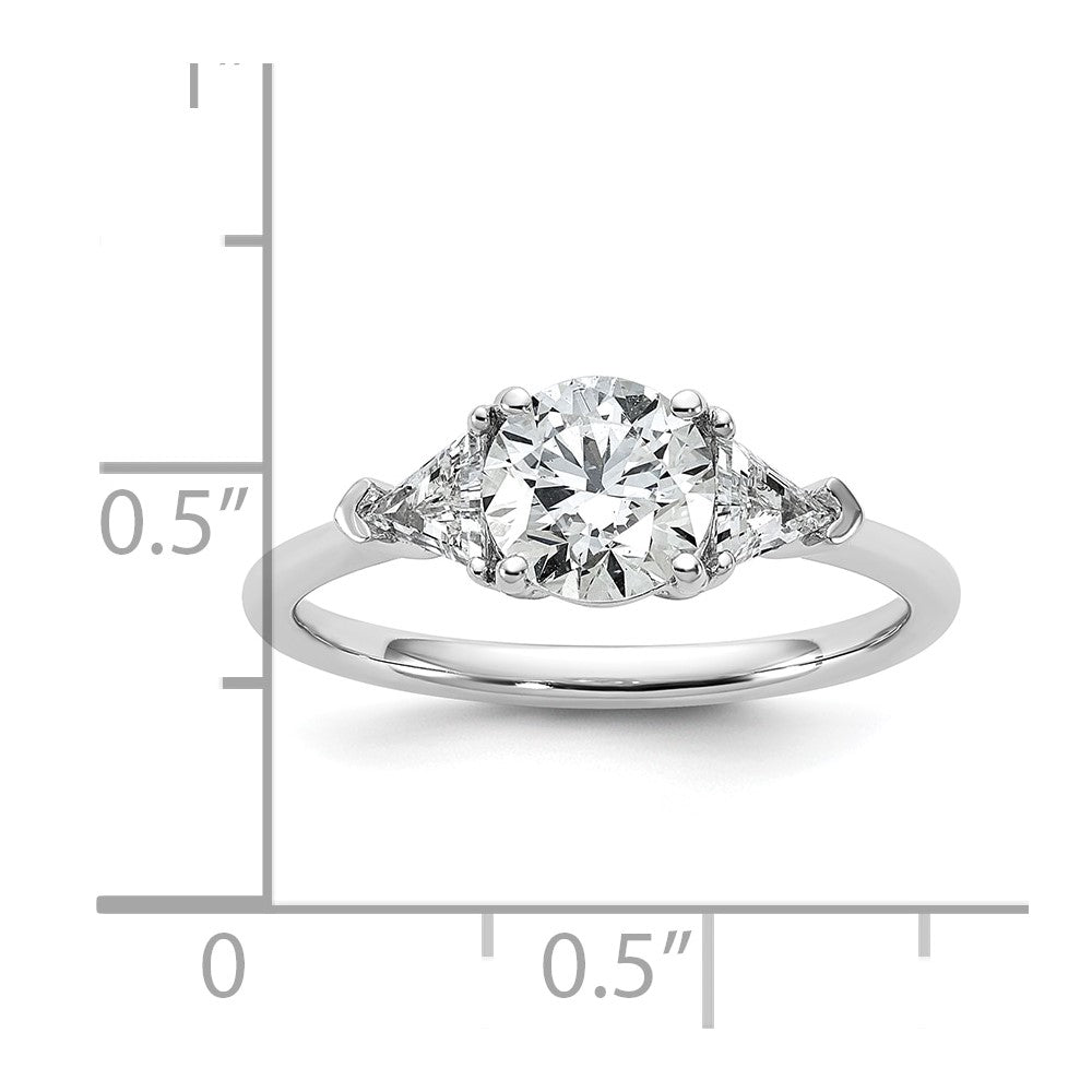 14K White Gold 1/2 carat Lab Grown Diamond VS+ F+ Triangle 1 carat Round Semi Mount Three Stone Engagement Ring