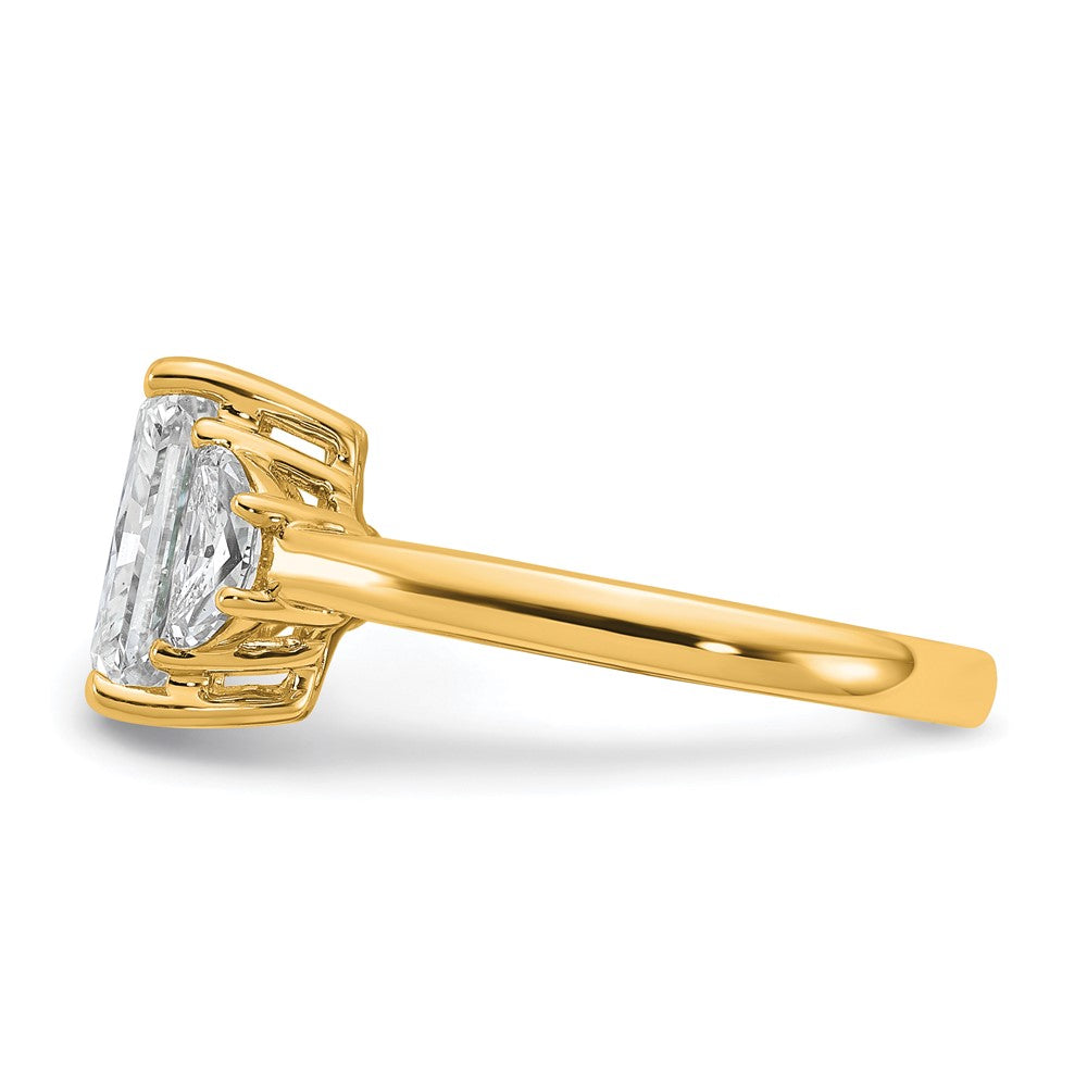 14K Yellow Gold 3 1/8 carat Certified Lab Grown Diamond VS+ F+ Radiant and Half Moon Complete Three Stone Engagement Ring