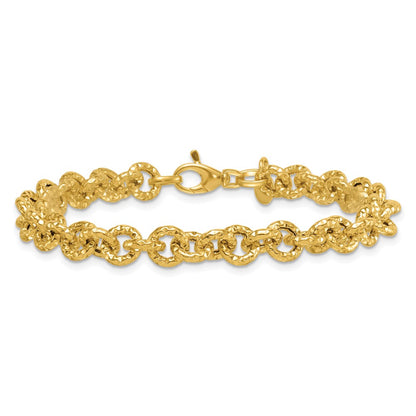 14K Yellow Gold Polished and Textured 7.3mm Cable Chain 7.5 Inch Bracelet