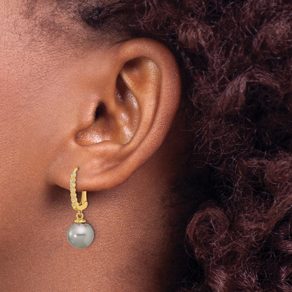 14K Yellow Gold 8-9mm Black Round Tahitian Saltwater Cultured Pearl and .07 Carat Diamond Leverback Dangle Earrings