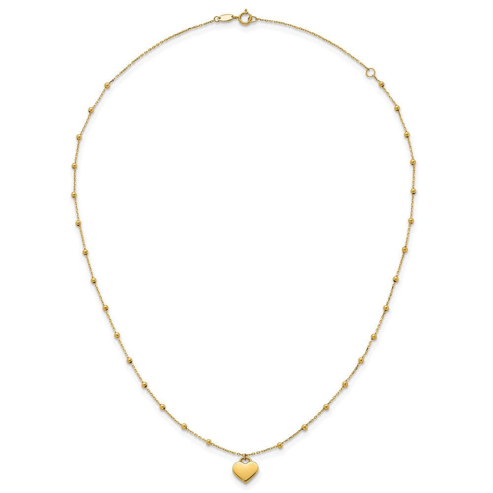 14K Yellow Gold Polished Heart Pendant and Beaded Chain 16 Inch Necklace Plus 2 Inch Extender