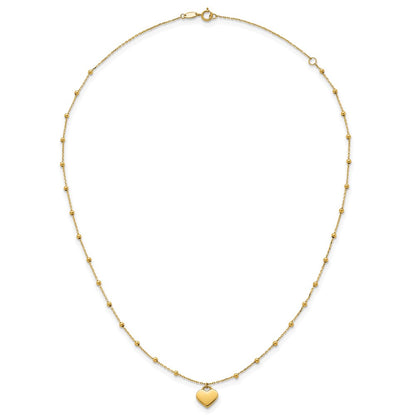 14K Yellow Gold Polished Heart Pendant and Beaded Chain 16 Inch Necklace Plus 2 Inch Extender