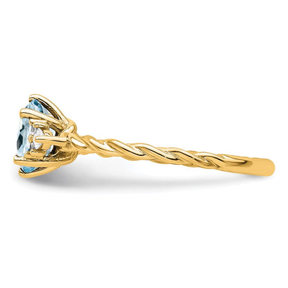14K Yellow Gold Diamond and 7x5 Oval March/Aquamarine Size 7 Twisted Ring