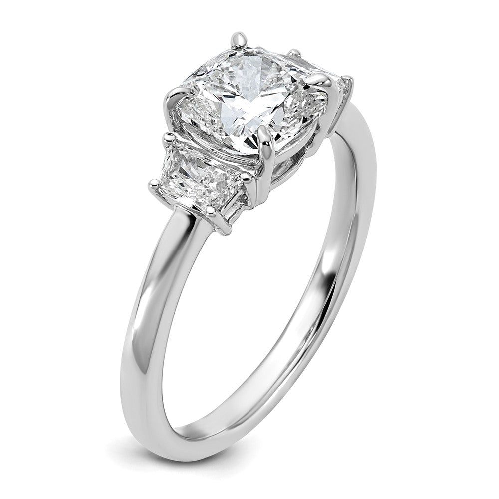 14K White Gold 1 7/8 carat Lab Grown Diamond VS+ F+ Cushion and Half Moon Complete Three Stone Engagement Ring