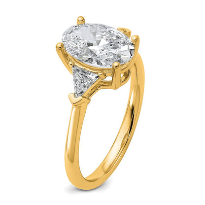 14K Yellow Gold 1/2 carat Lab Grown Diamond VS+ F+ Trillion and 2 carat Oval Center Semi Mount Three Stone Engagement Ring